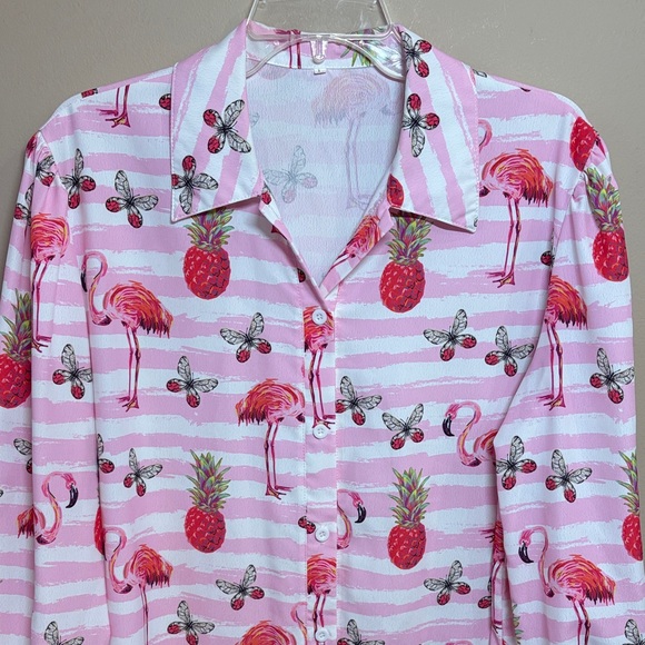 Pink & White Tropical Flamingo Button-Up Blouse - Picture 3 of 8